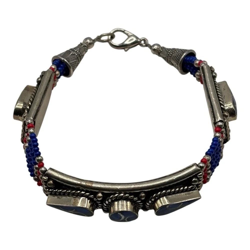 Silver Tone Bracelet Blue Inlay Multi Strand Seed Bead 7